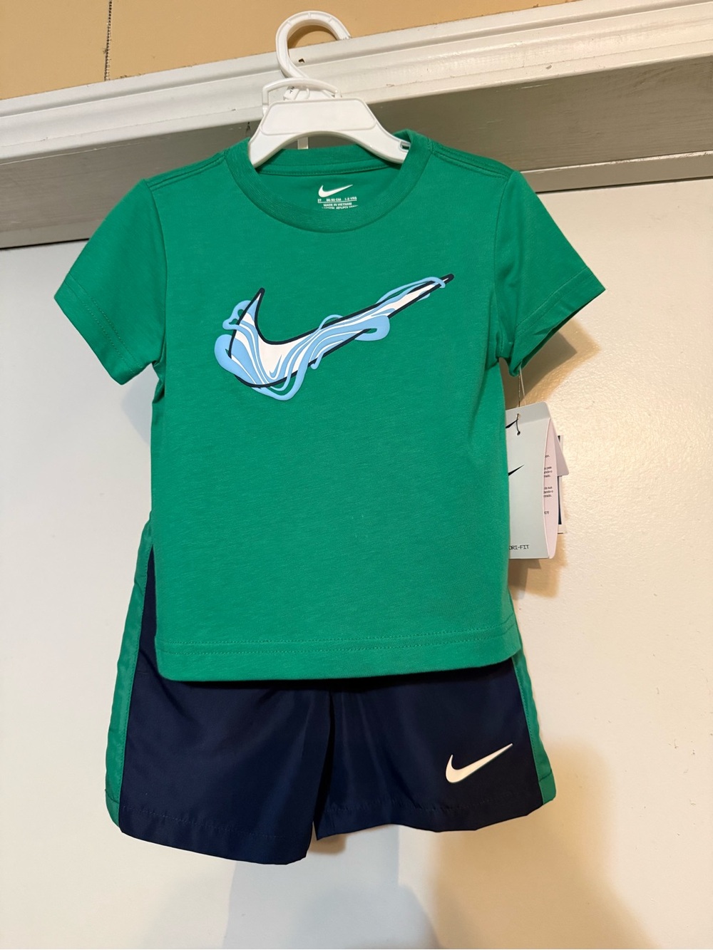 Nike Green Tee with Blue Swoosh & Navy Shorts Set